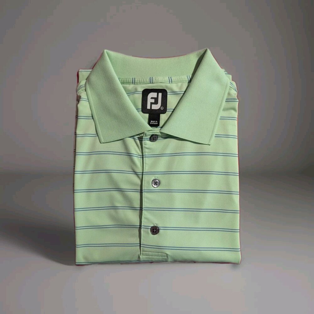 FJ FootJoy Polo Shirt Mens Size L Pale Green Striped Golf Shirt